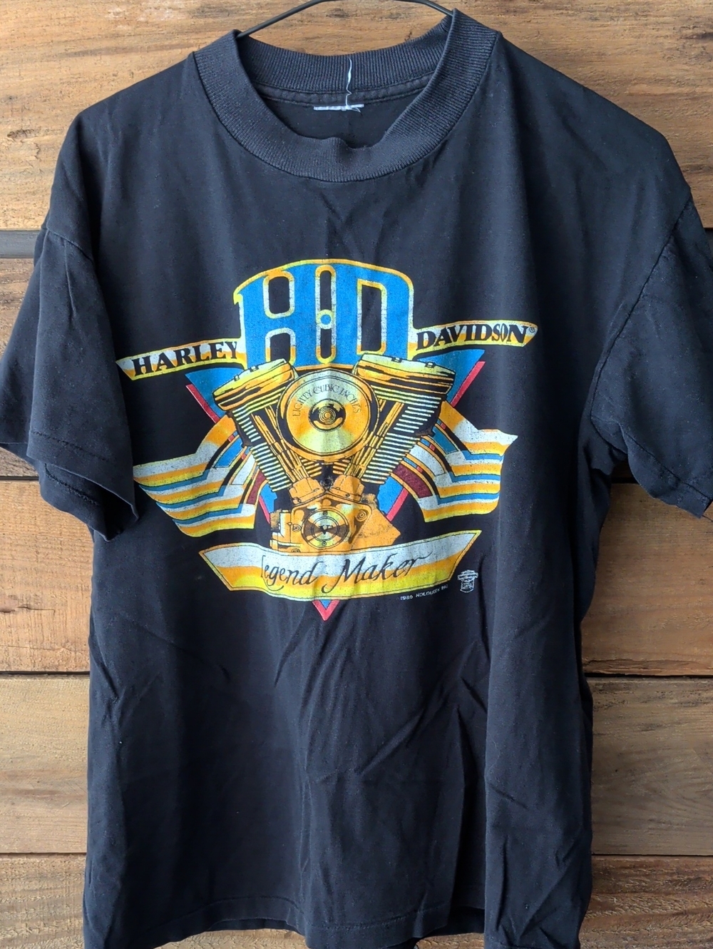 Vintage Harley-Davidson Black Tee with Gold & Blue Engine Graphic